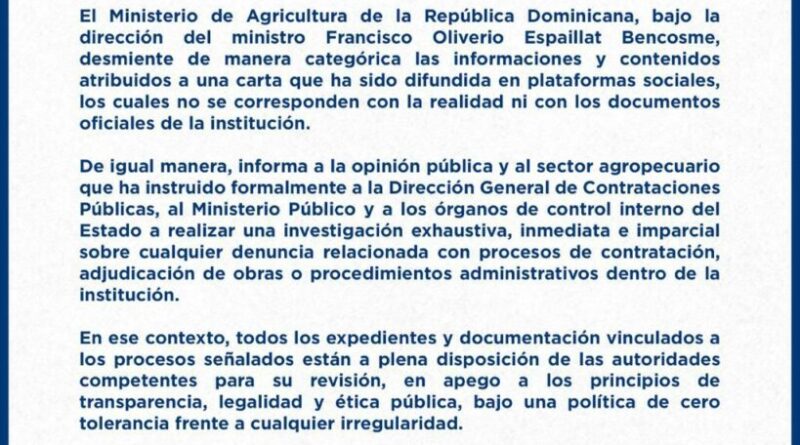 Agricultura desmiente rumores y solicita investigación urgente