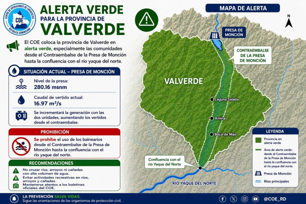 Rio Mao Rd COE Prohíbe Balnearios en Río Mao y Alerta Verde Valverde